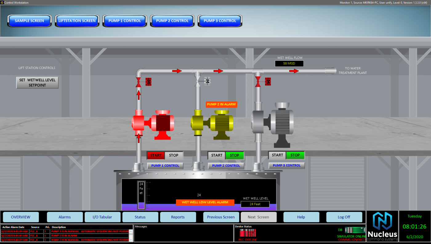 HMI SCADA screen for wastewater pump station system