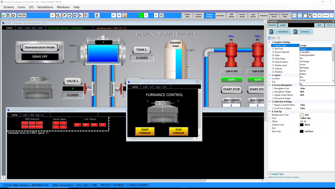 HMI SCADA screen for manufacturing process system